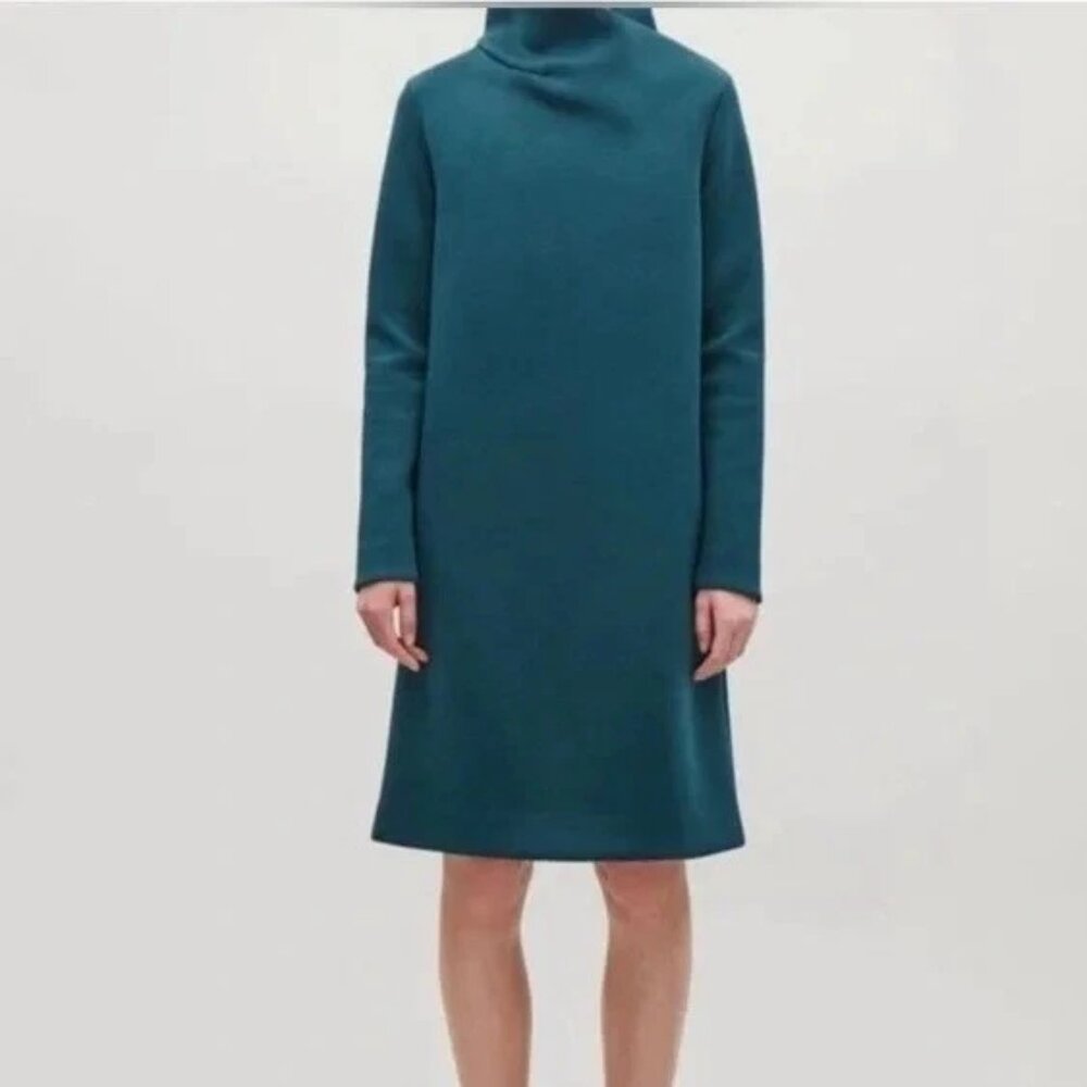 COS Scuba dress Teal classy long sleeve folded cowl neck size XS $115 tag NWT - Picture 2 of 5